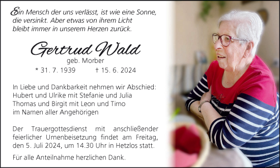 Anzeige von Gertrud Wald von MGO