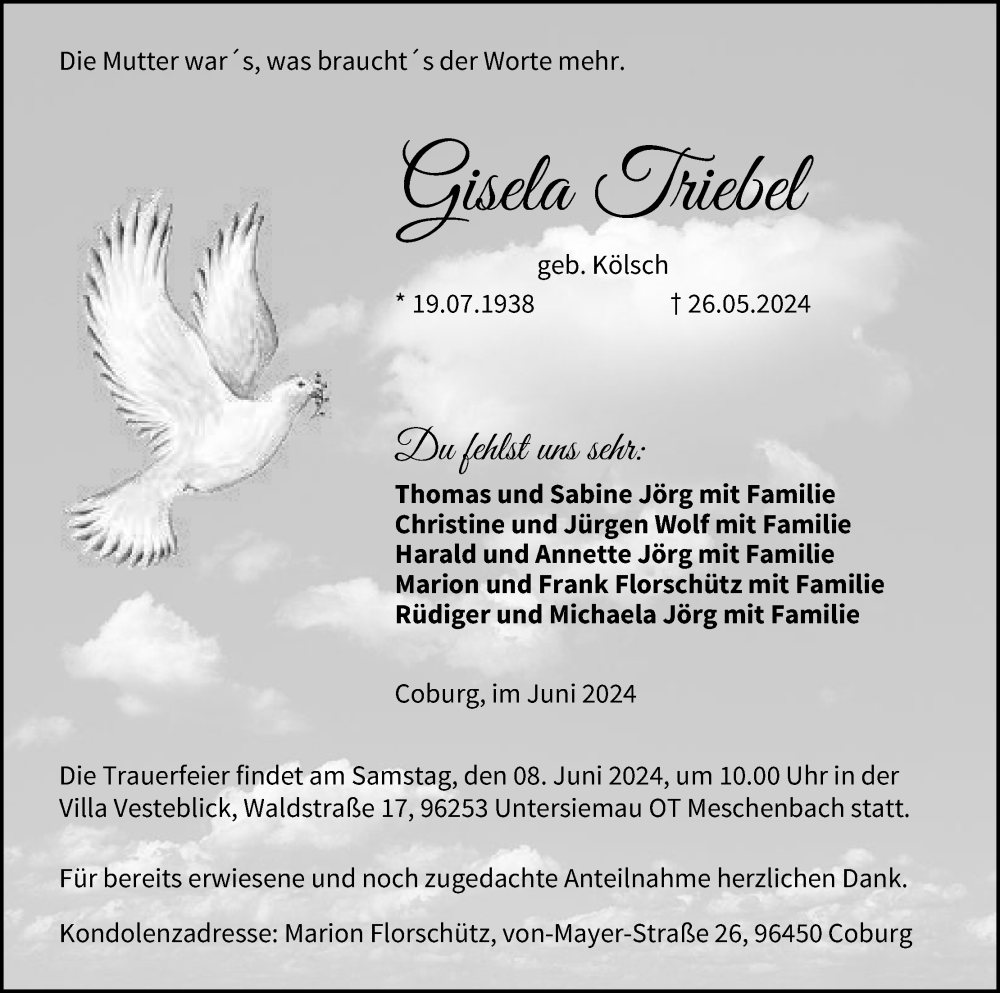  Traueranzeige für Gisela Triebel vom 01.06.2024 aus MGO