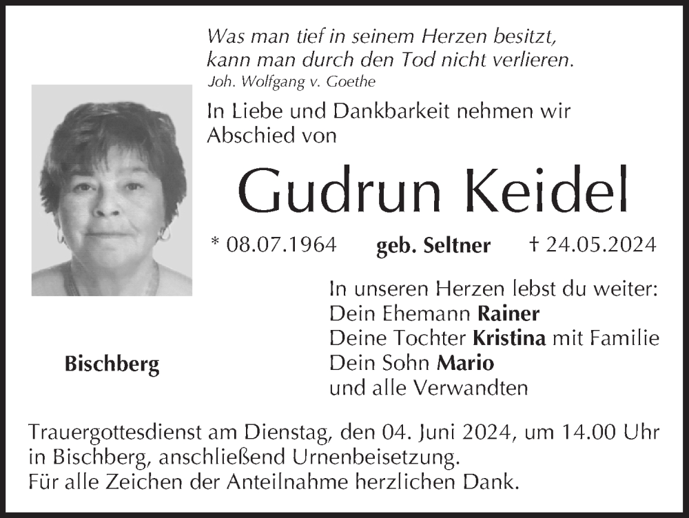  Traueranzeige für Gudrun Keidel vom 01.06.2024 aus MGO