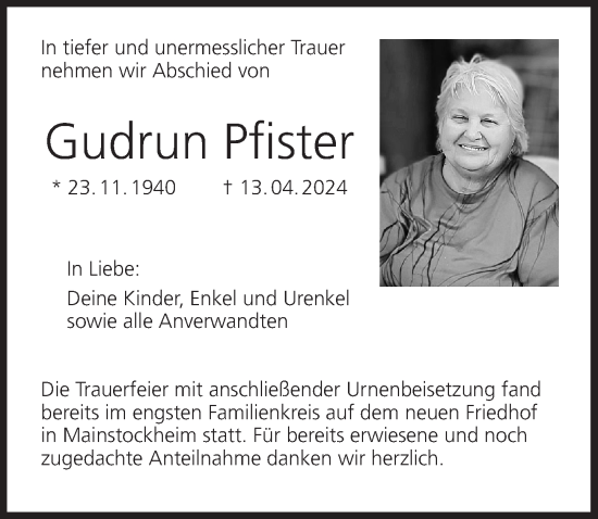 Anzeige von Gudrun Pfister von MGO