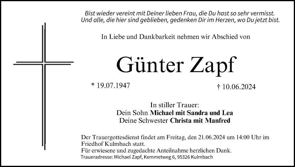  Traueranzeige für Günter Zapf vom 18.06.2024 aus MGO