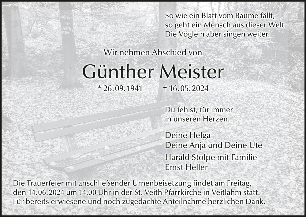  Traueranzeige für Günther Meister vom 08.06.2024 aus MGO