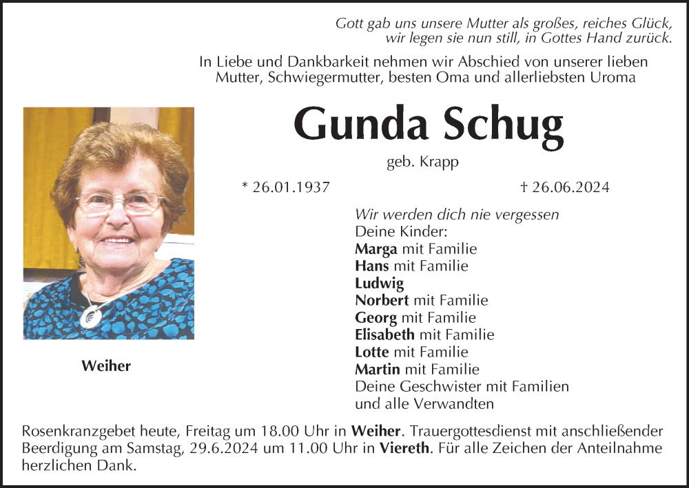  Traueranzeige für Gunda Schug vom 28.06.2024 aus MGO