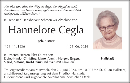Anzeige von Hannelore Cegla von MGO