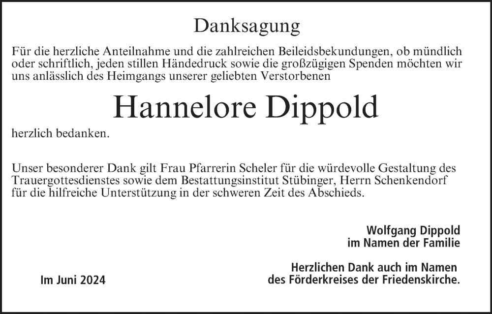  Traueranzeige für Hannelore Dippold vom 15.06.2024 aus MGO
