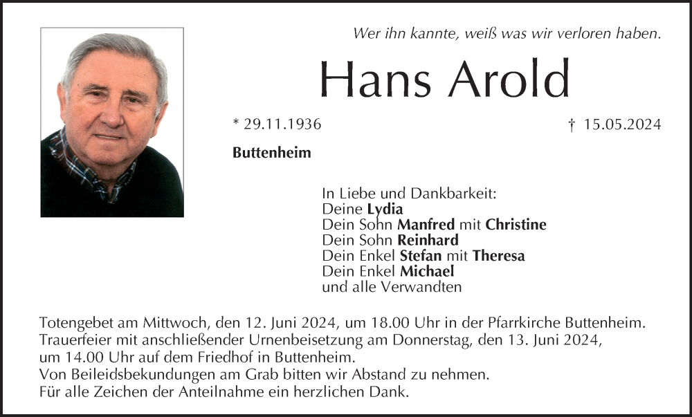  Traueranzeige für Hans Arold vom 08.06.2024 aus MGO