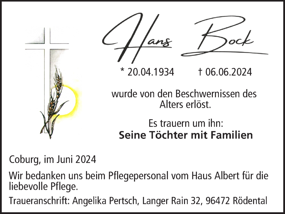  Traueranzeige für Hans Bock vom 08.06.2024 aus MGO