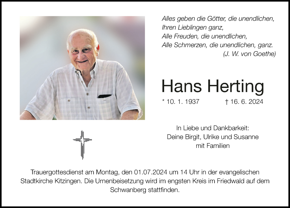  Traueranzeige für Hans Herting vom 22.06.2024 aus MGO