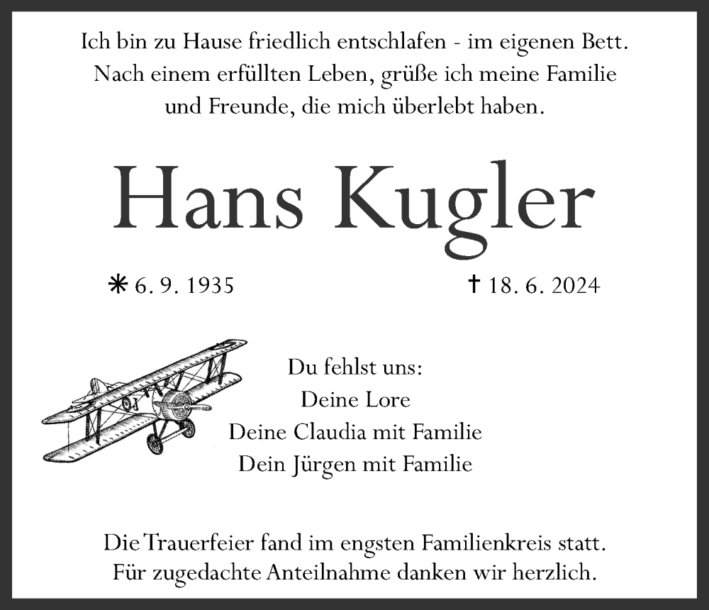  Traueranzeige für Hans Kugler vom 22.06.2024 aus MGO