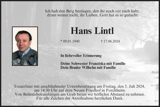 Anzeige von Hans Lintl von MGO