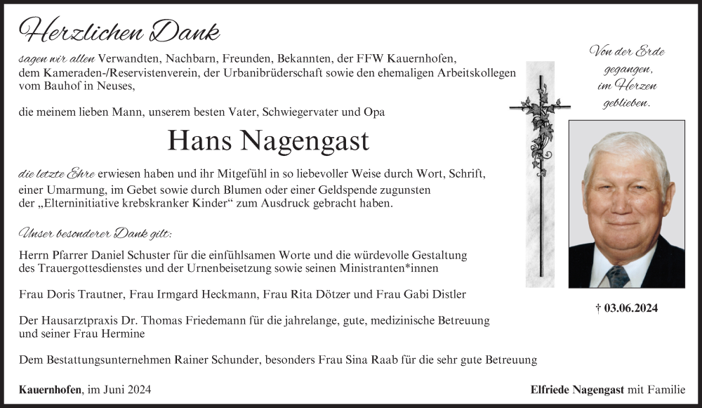  Traueranzeige für Hans Nagengast vom 29.06.2024 aus MGO
