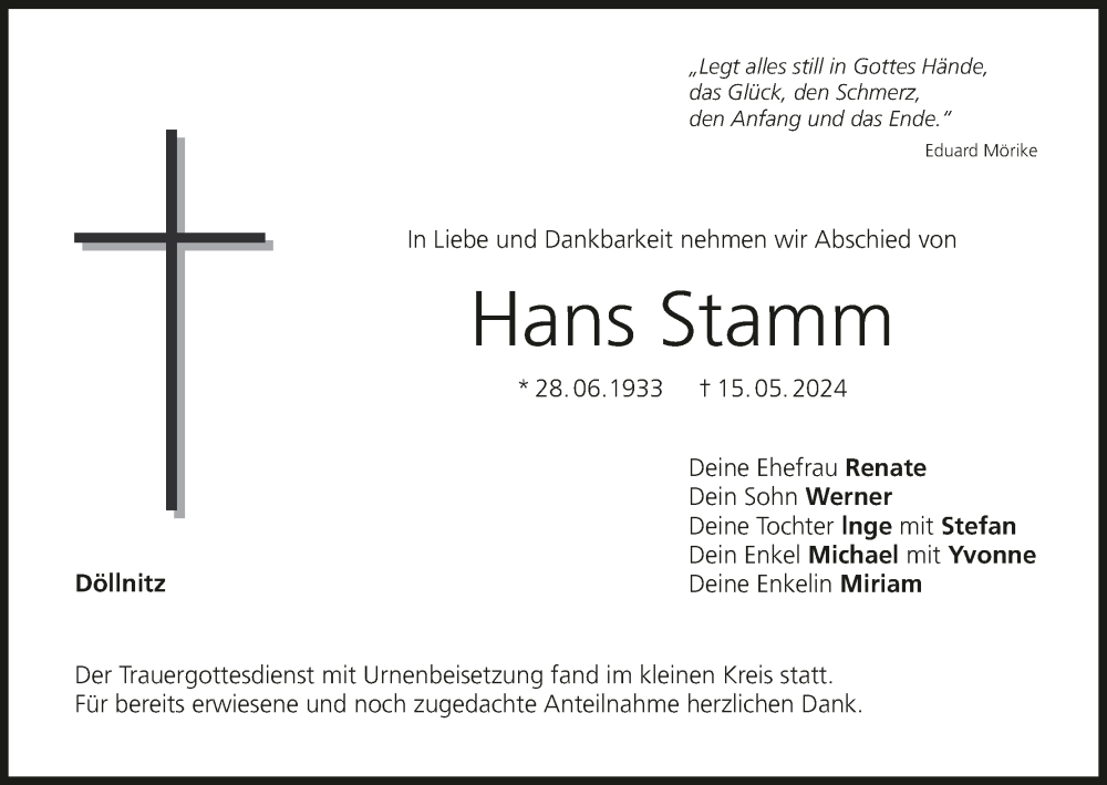  Traueranzeige für Hans Stamm vom 08.06.2024 aus MGO