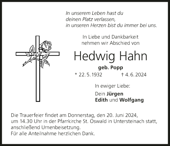 Anzeige von Hedwig Hahn von MGO