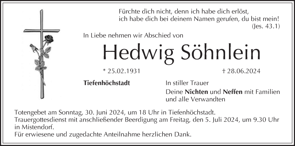  Traueranzeige für Hedwig Söhnlein vom 29.06.2024 aus MGO