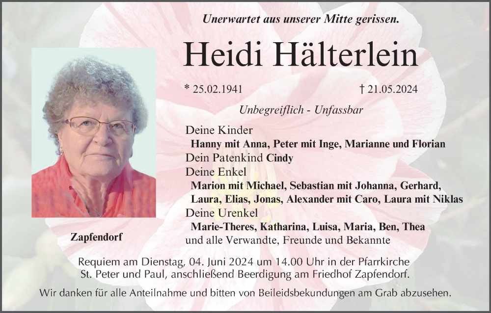  Traueranzeige für Heidi Hälterlein vom 01.06.2024 aus MGO