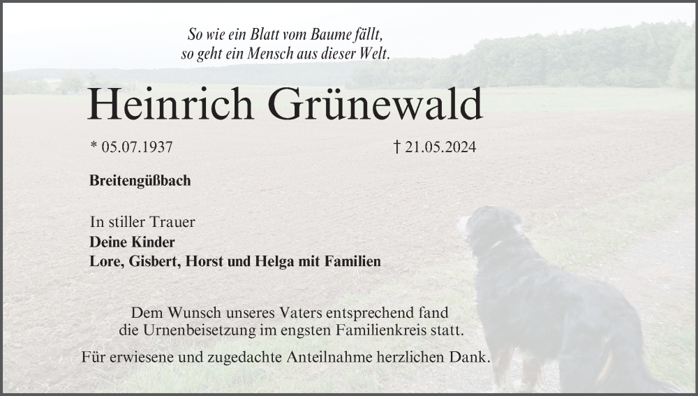  Traueranzeige für Heinrich Grünewald vom 08.06.2024 aus MGO