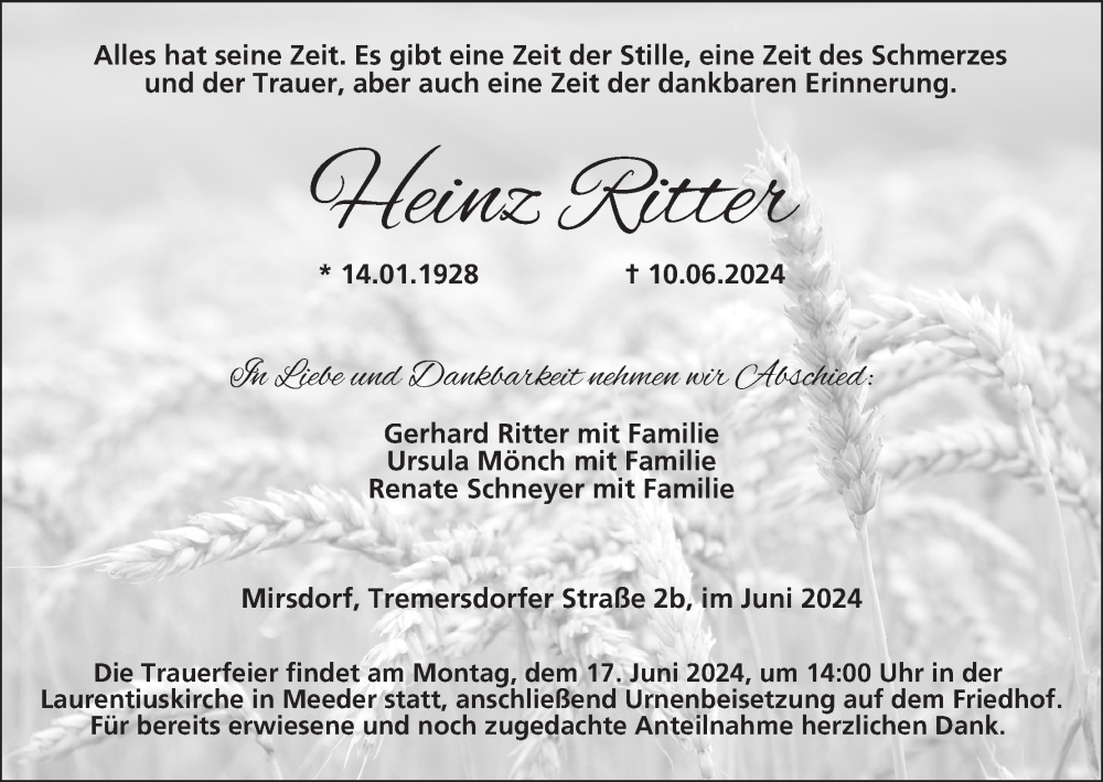  Traueranzeige für Heinz Ritter vom 15.06.2024 aus MGO