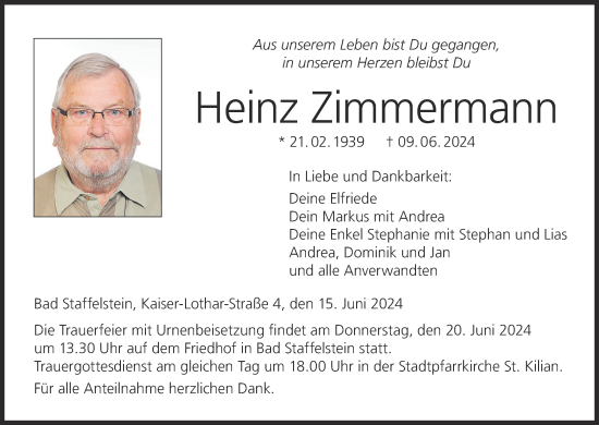 Anzeige von Heinz Zimmermann von MGO