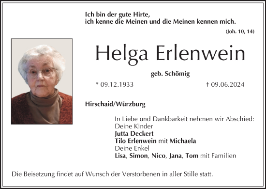 Anzeige von Helga Erlenwein von MGO