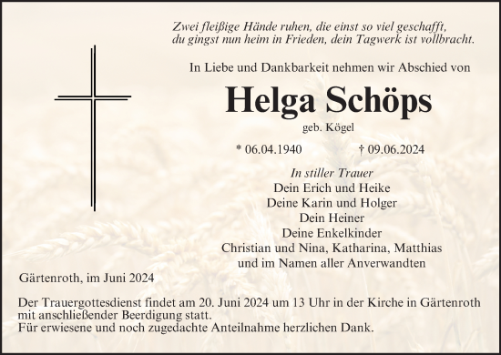 Anzeige von Helga Schöps von MGO