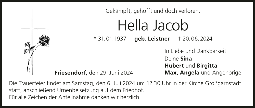  Traueranzeige für Hella Jacob vom 29.06.2024 aus MGO