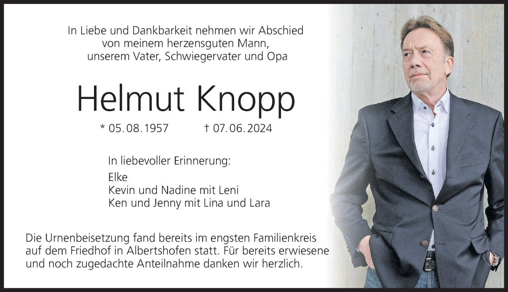  Traueranzeige für Helmut Knopp vom 29.06.2024 aus MGO