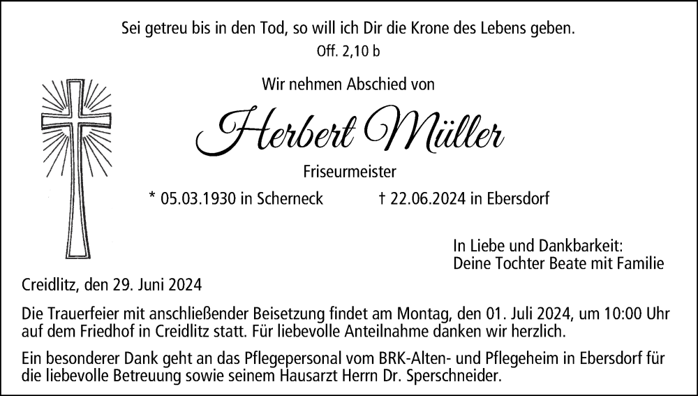  Traueranzeige für Herbert Müller vom 29.06.2024 aus MGO