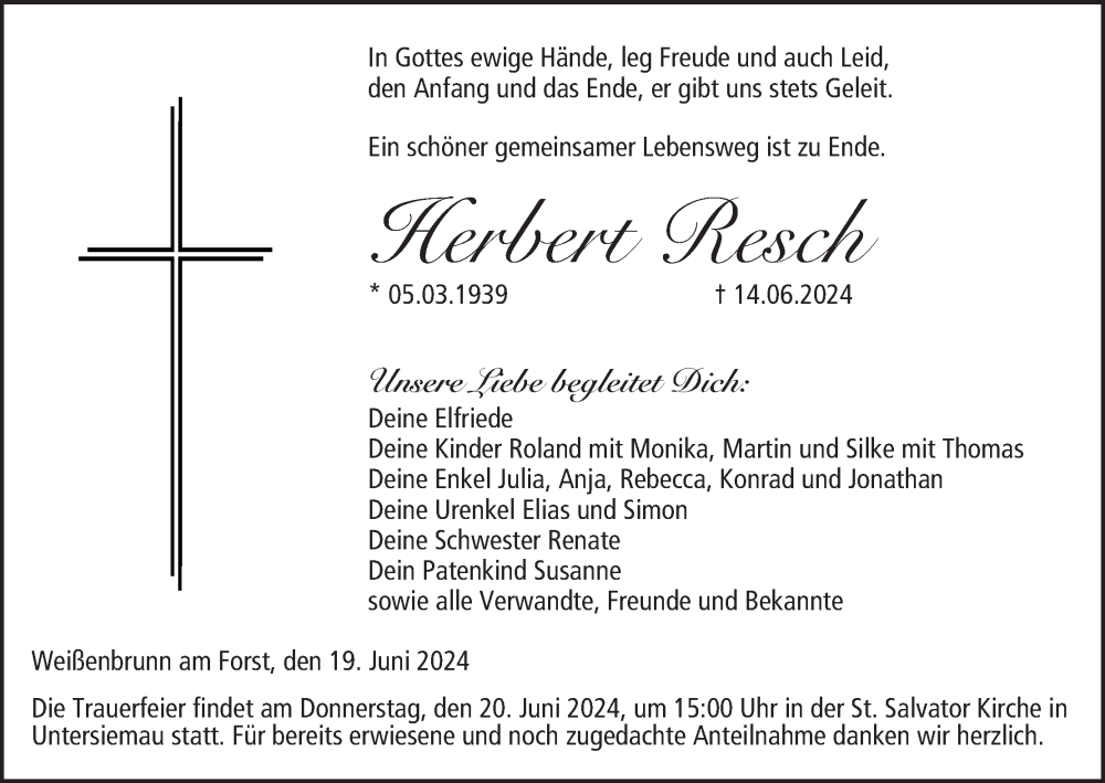  Traueranzeige für Herbert Resch vom 19.06.2024 aus MGO