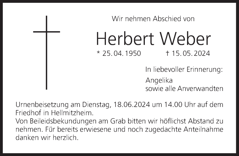  Traueranzeige für Herbert Weber vom 15.06.2024 aus MGO