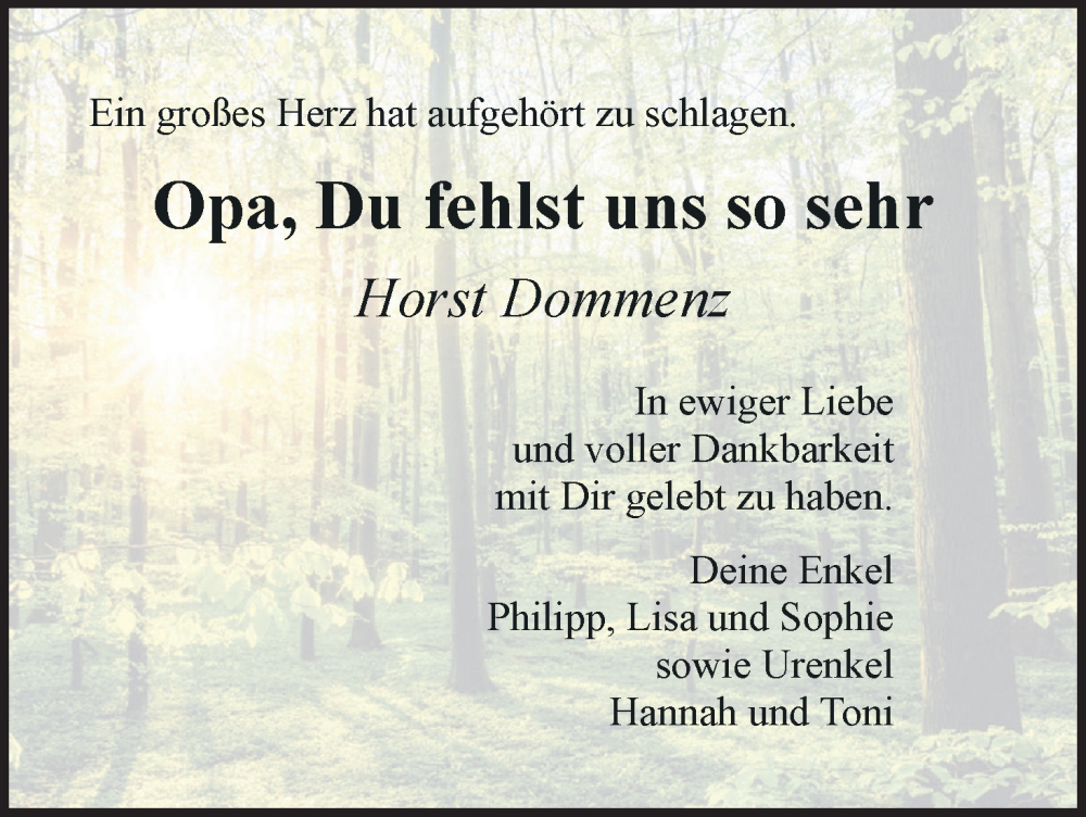  Traueranzeige für Horst Dommenz vom 29.06.2024 aus MGO