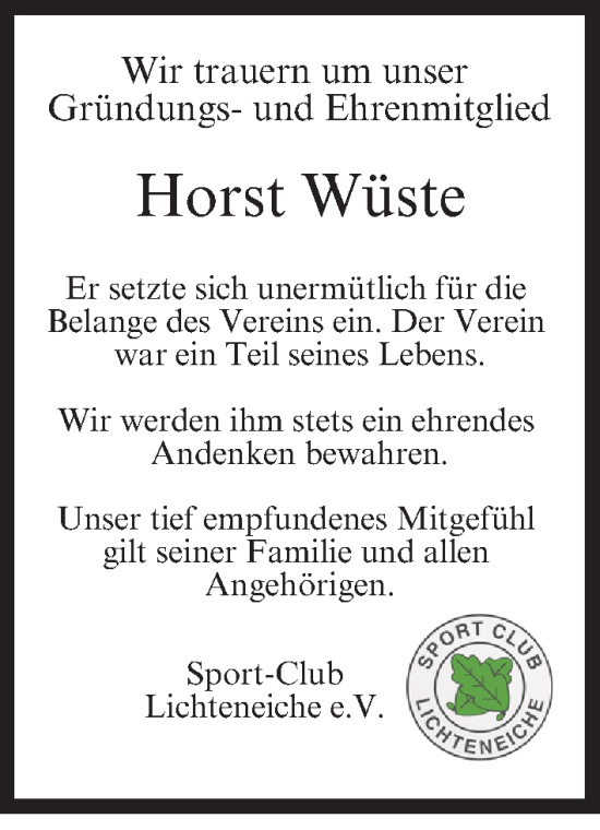 Anzeige von Horst Wüste von MGO