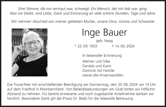 Anzeige von Inge Bauer von MGO