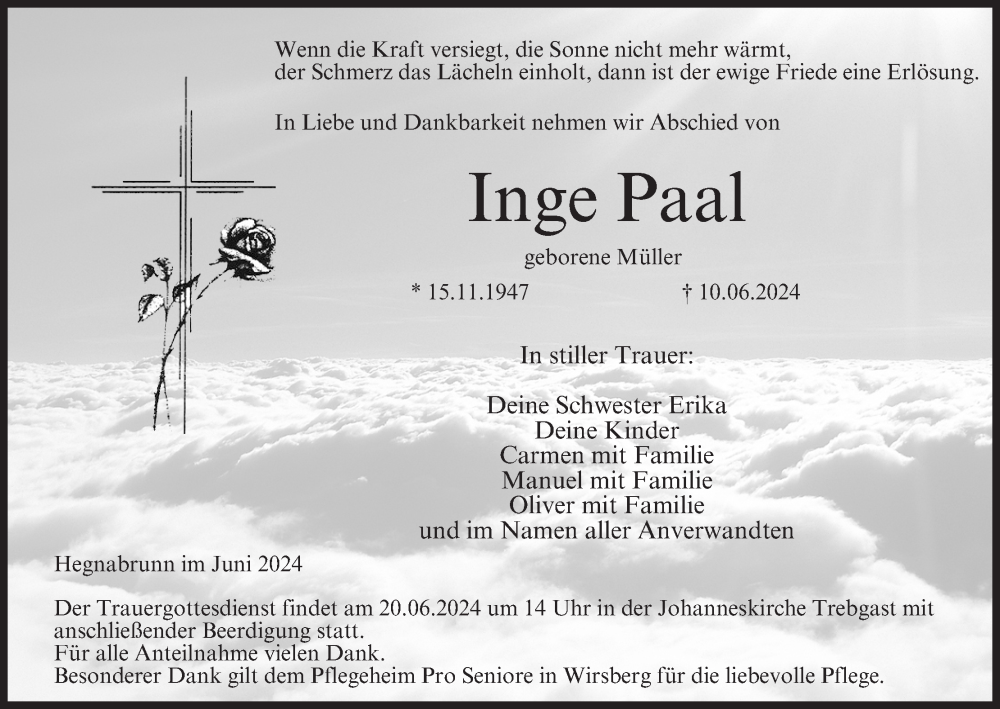  Traueranzeige für Inge Paal vom 15.06.2024 aus MGO