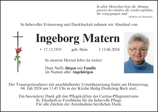 Anzeige von Ingeborg Matern von MGO