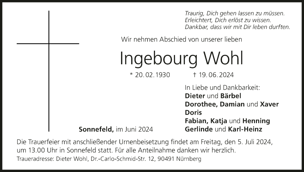  Traueranzeige für Ingebourg Wohl vom 29.06.2024 aus MGO