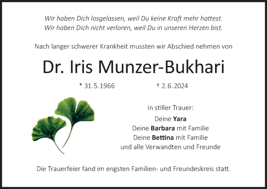 Anzeige von Iris Munzer-Bukhari von MGO