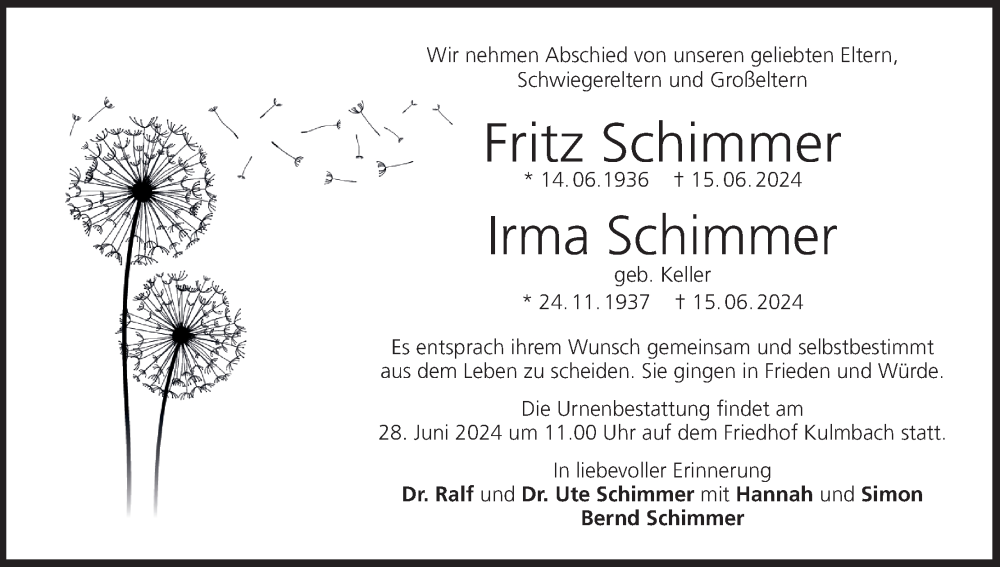  Traueranzeige für Irma Schimmer vom 22.06.2024 aus MGO