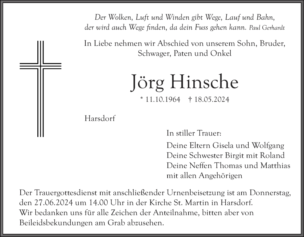  Traueranzeige für Jörg Hinsche vom 22.06.2024 aus MGO