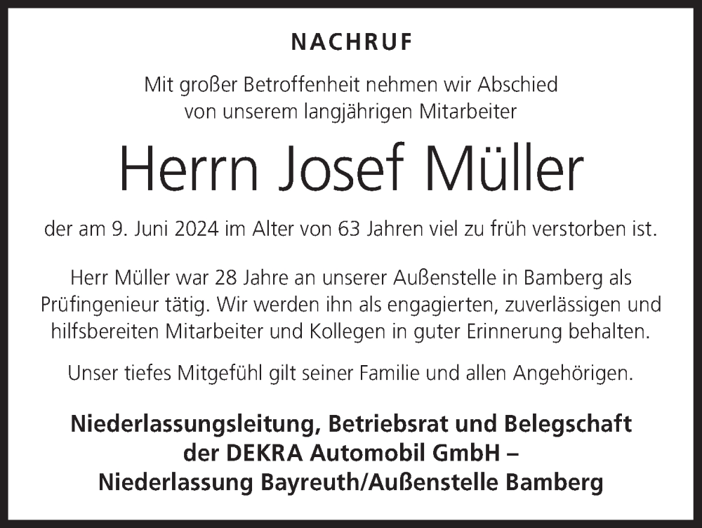  Traueranzeige für Josef Müller vom 29.06.2024 aus MGO