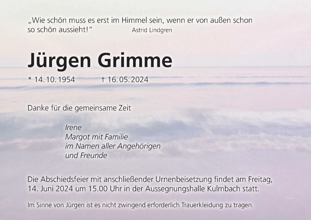  Traueranzeige für Jürgen Grimme vom 11.06.2024 aus MGO