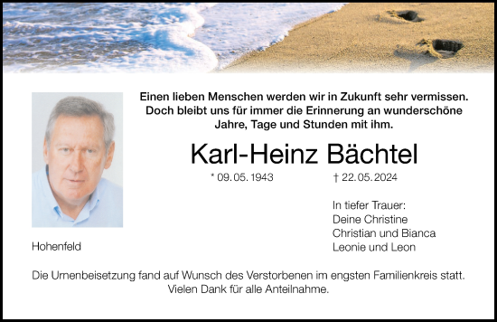 Anzeige von Karl-Heinz Bächtel von MGO