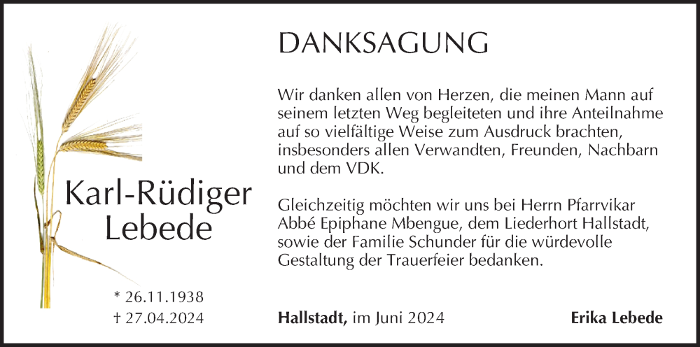  Traueranzeige für Karl-Rüdiger Lebede vom 01.06.2024 aus MGO