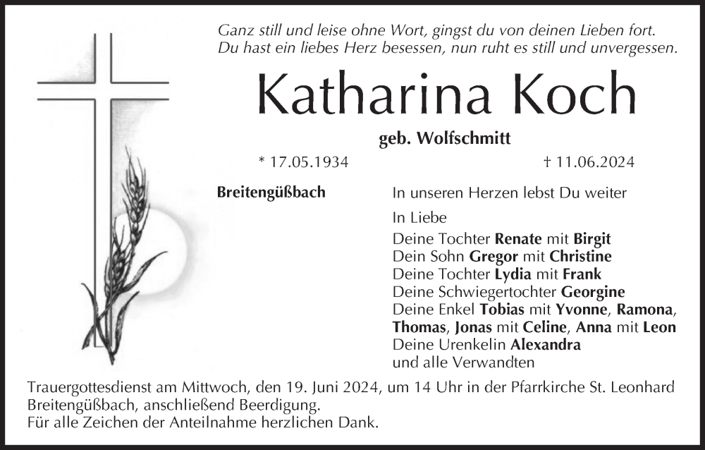  Traueranzeige für Katharina Koch vom 15.06.2024 aus MGO
