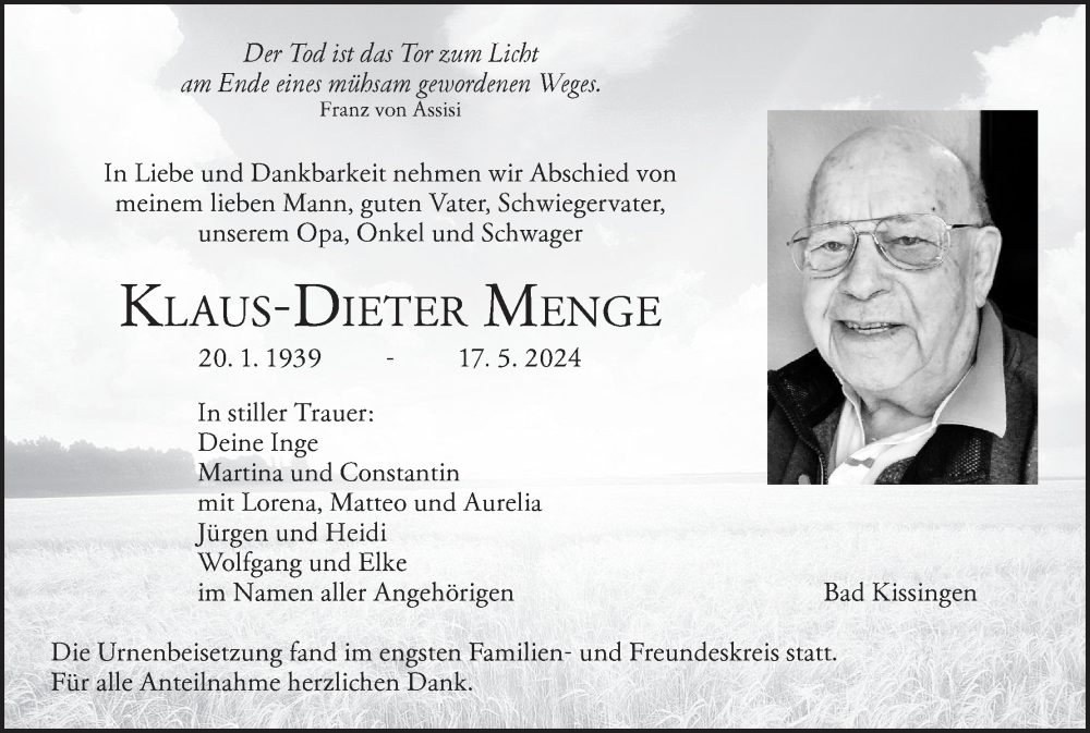  Traueranzeige für Klaus-Dieter Menge vom 15.06.2024 aus MGO