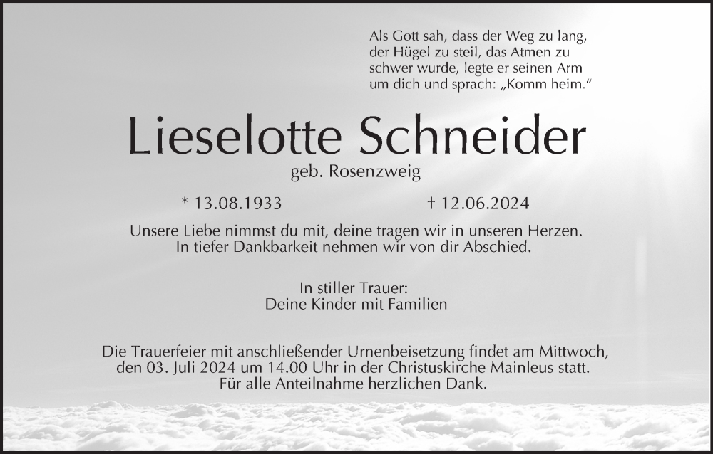  Traueranzeige für Lieselotte Schneider vom 29.06.2024 aus MGO