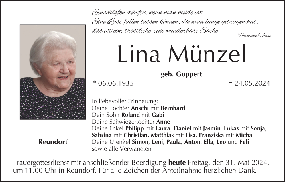  Traueranzeige für Lina Münzel vom 31.05.2024 aus MGO