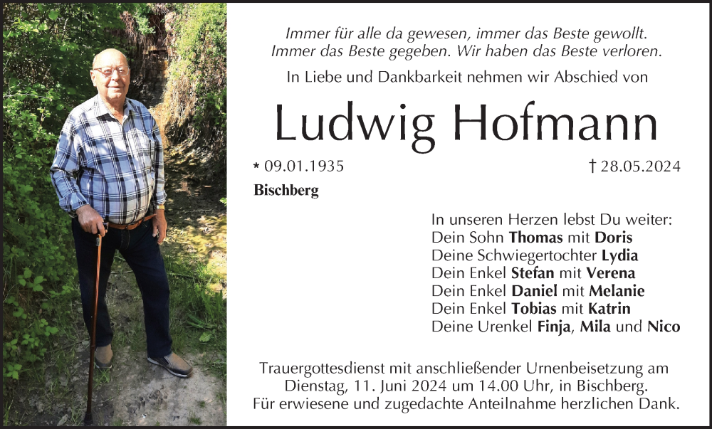  Traueranzeige für Ludwig Hofmann vom 08.06.2024 aus MGO