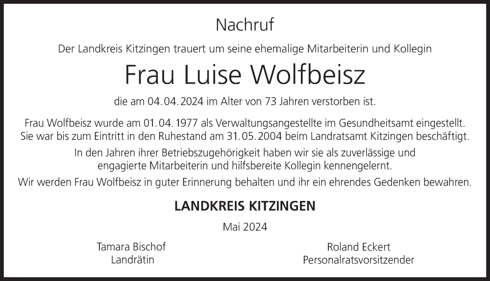  Traueranzeige für Luise Wolfbeisz vom 01.06.2024 aus MGO