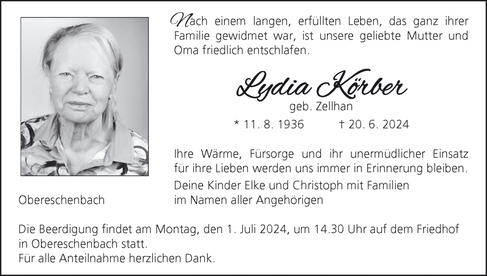  Traueranzeige für Lydia Körber vom 29.06.2024 aus MGO