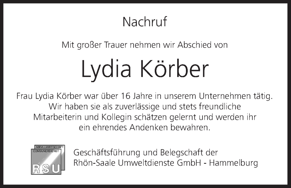  Traueranzeige für Lydia Körber vom 29.06.2024 aus MGO